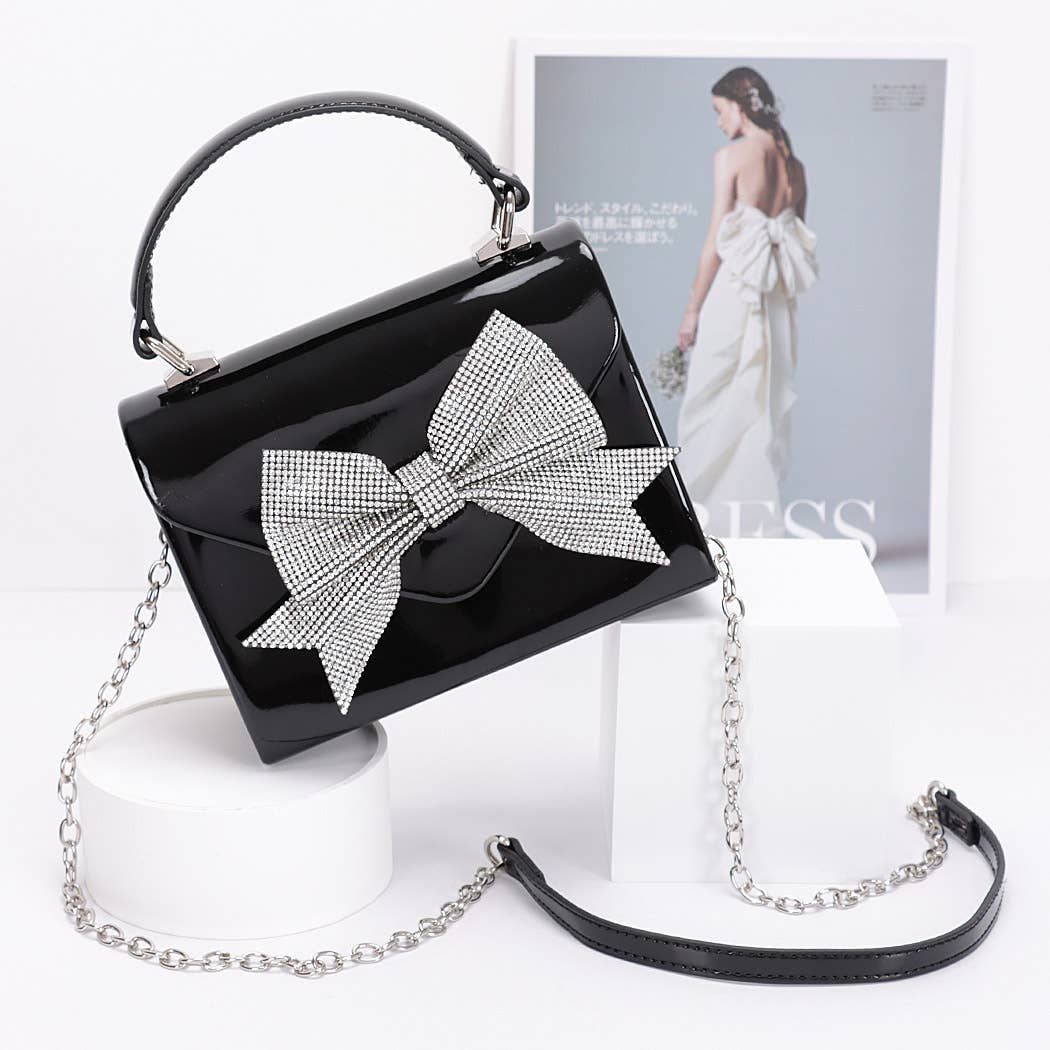 Enamel Rhinestone Ribbon Top Handle Clutch