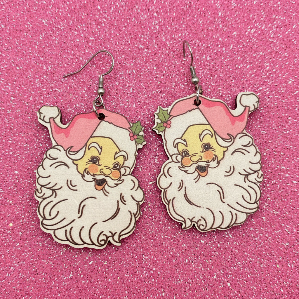 Christmas Pink Santa Claus Wooden Dangle Earrings
