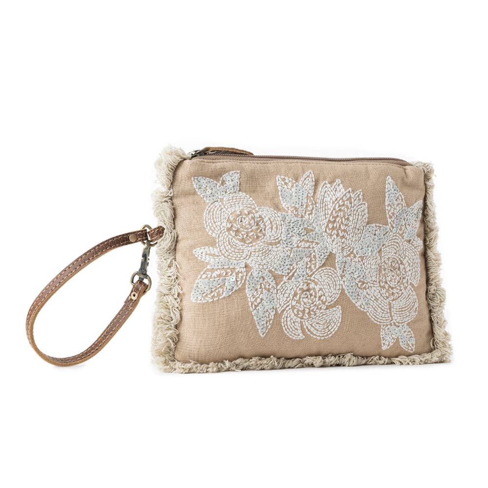 Meadow Lace Embroidered Pouch in Ivory Bloom