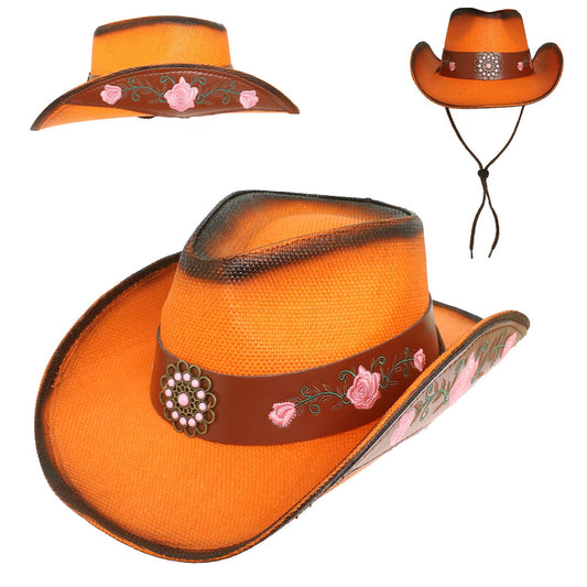 Fashion Western Floral Straw Woven Cowboy Hat