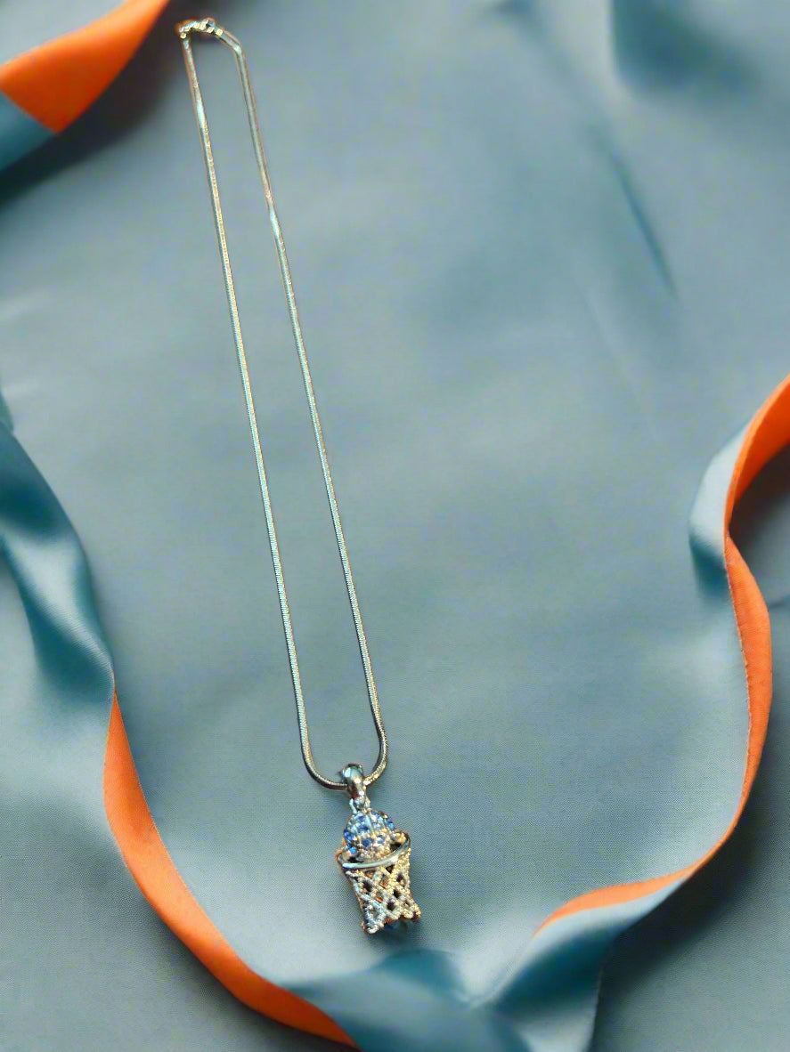 Basketball & Hoop with Blue Rhinestones Silver Necklace