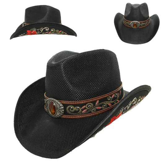 Western Embroidered Straw Woven Cowboy Hat