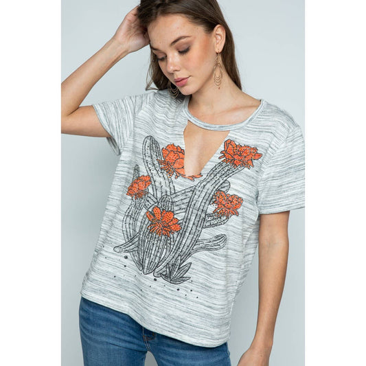 Cactus Flower Printed Cut Out-Neck Short Sleeve Knit Top