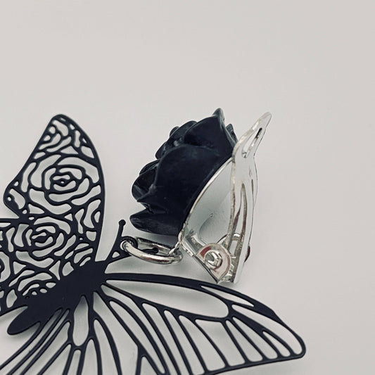 Gothic Black Rose Hollow Butterfly Clip Earrings