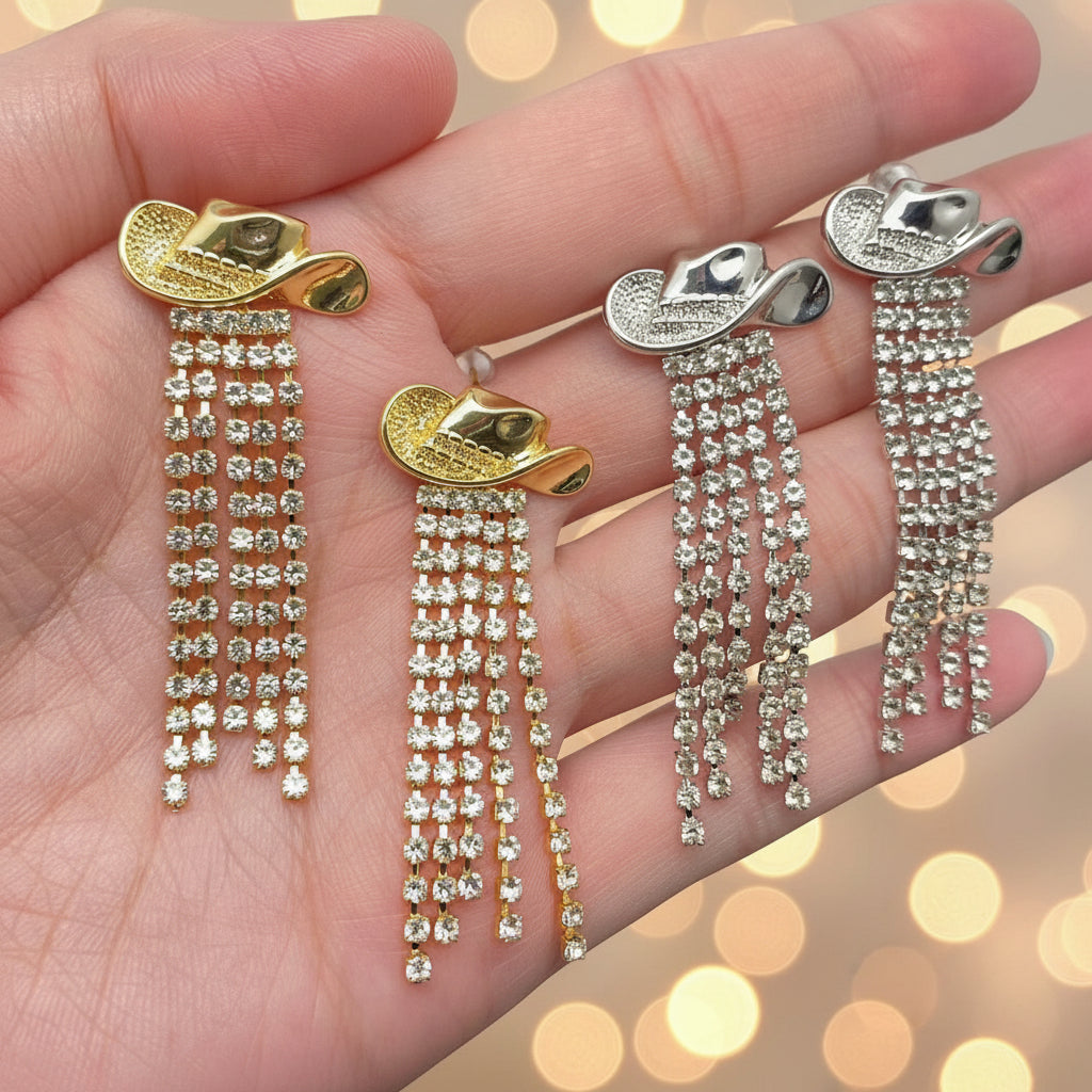Western Sparkling Rhinestone Tassel Hat Earrings