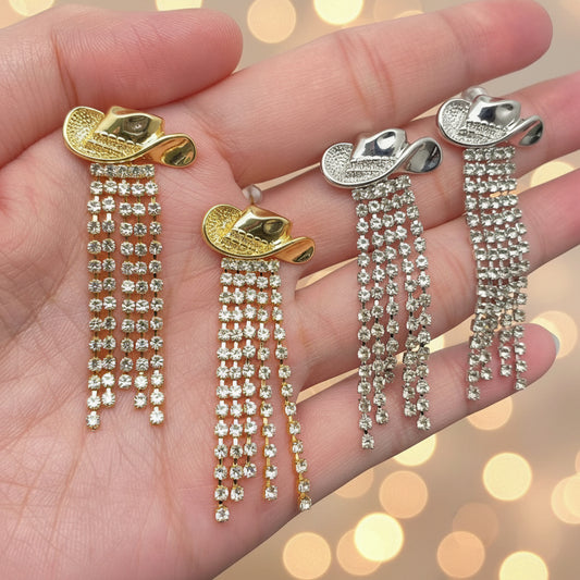 Western Sparkling Rhinestone Tassel Hat Earrings
