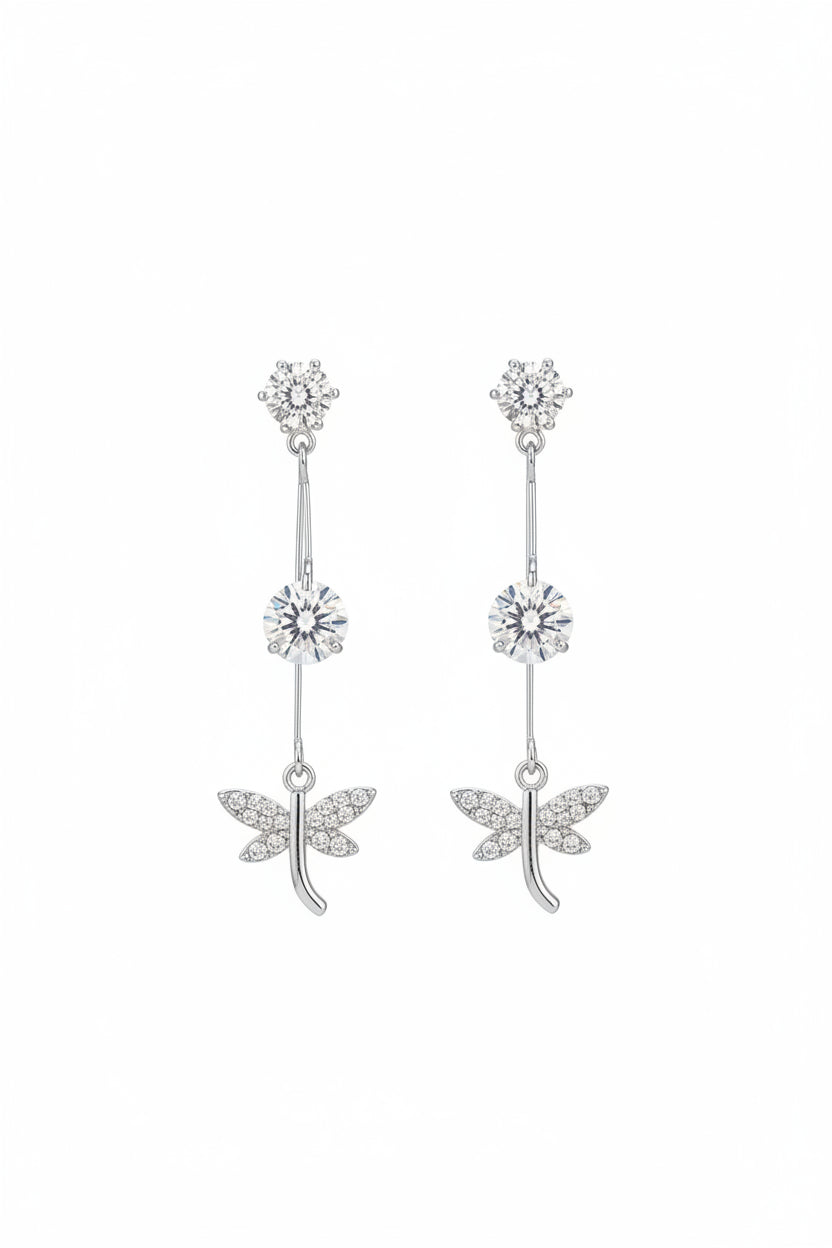 Silver Dragonfly CZ Drop Earrings