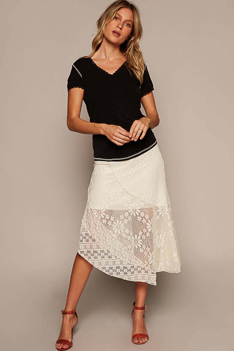 V-neck Lace Trim Short Sleeve Stitch Detail Top