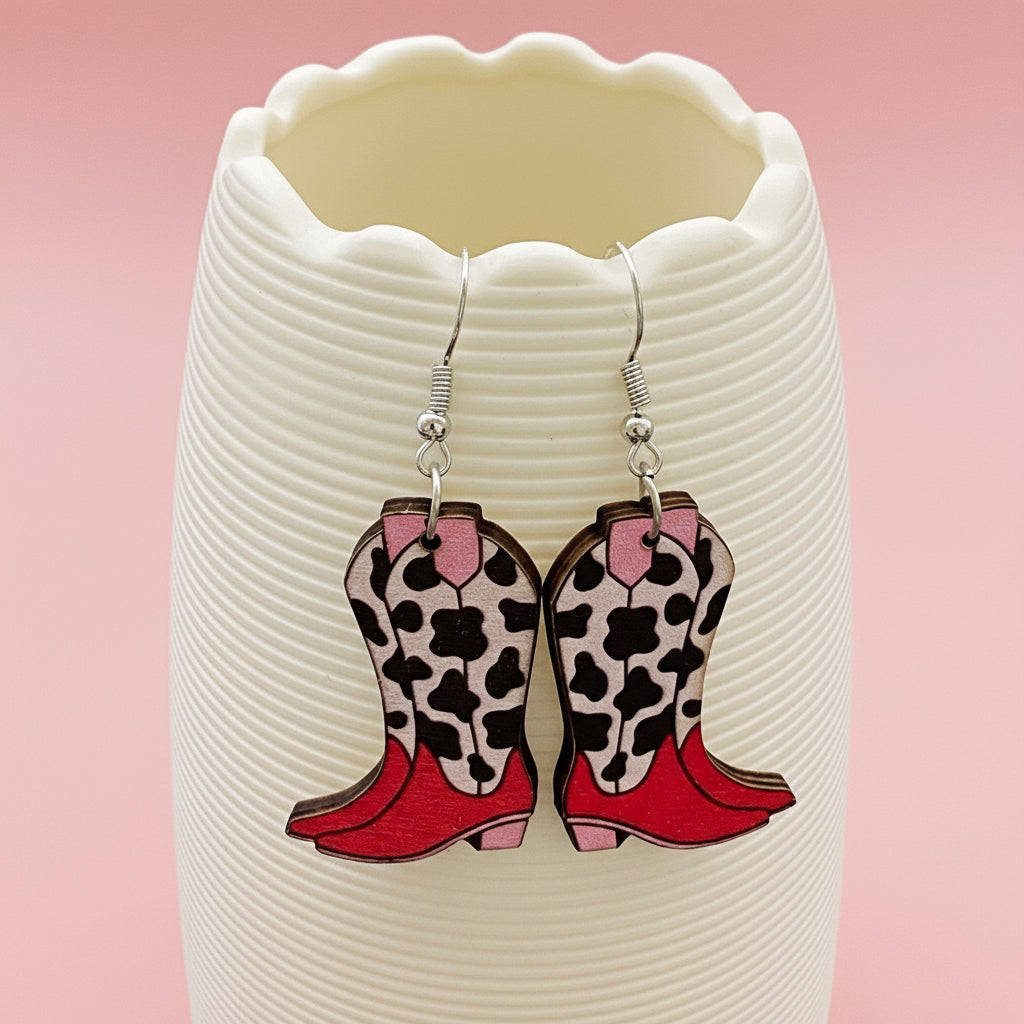 Western Style Pink Wooden Boots Dangle Earrings