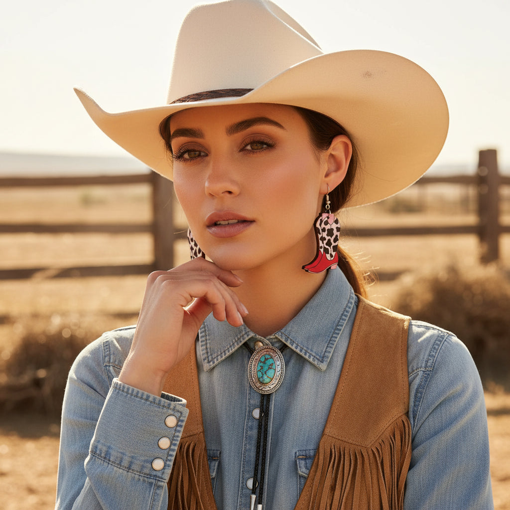 Western Style Pink Wooden Boots Dangle Earrings