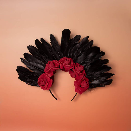 Floral Two-Tone Headband with Red Rose and Black Feathers