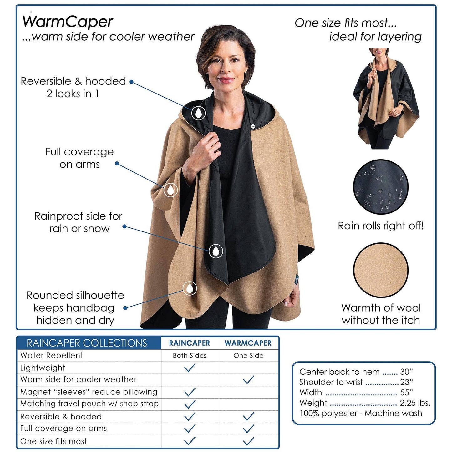 WarmCaper - Warm Camel - Reversible to Black Rainproof Side