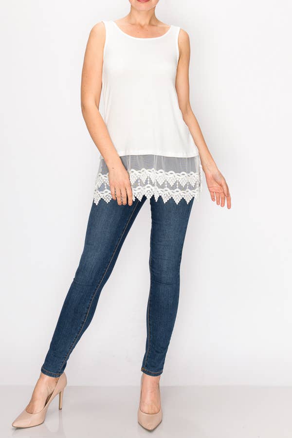 Soft Relaxed Tank With Delicate Floral Laced Hem