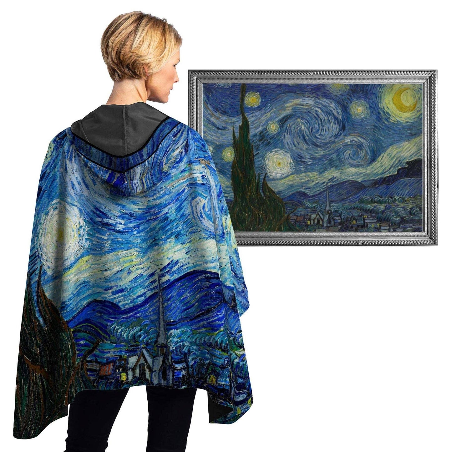 Van Gogh Starry Night Reversible Rain Cape – Lightweight Hooded Wrap for Women