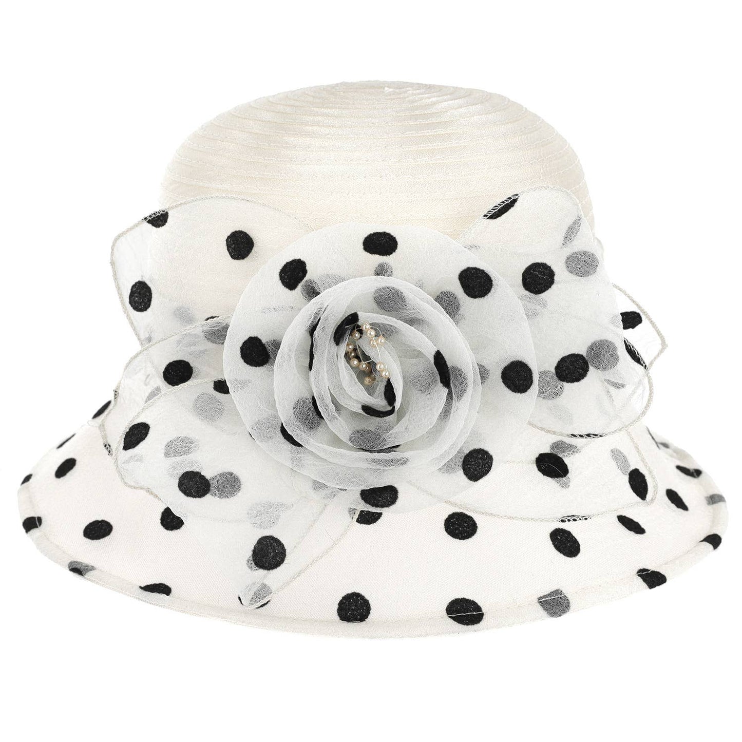 Floral Bow Polka Dotted Organza Cloche Hat