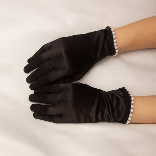 Pearl Trim Satin Wrist Gloves with Ruched Edge Design- Black