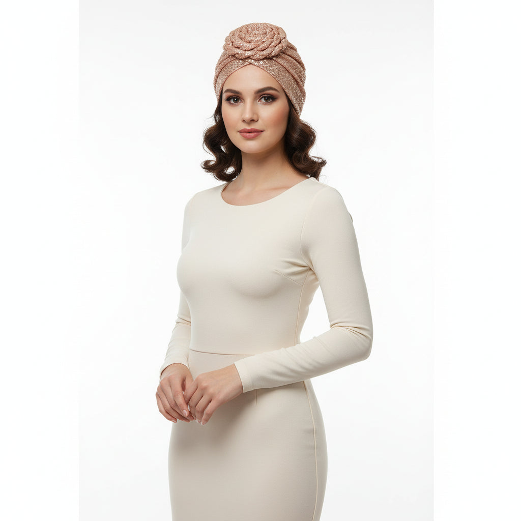 Sequin Embellished Turban w/ Front Floral Knot