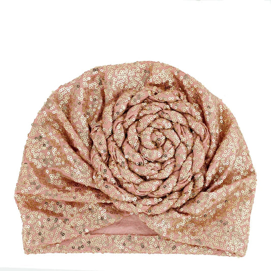 Sequin Embellished Turban w/ Front Floral Knot