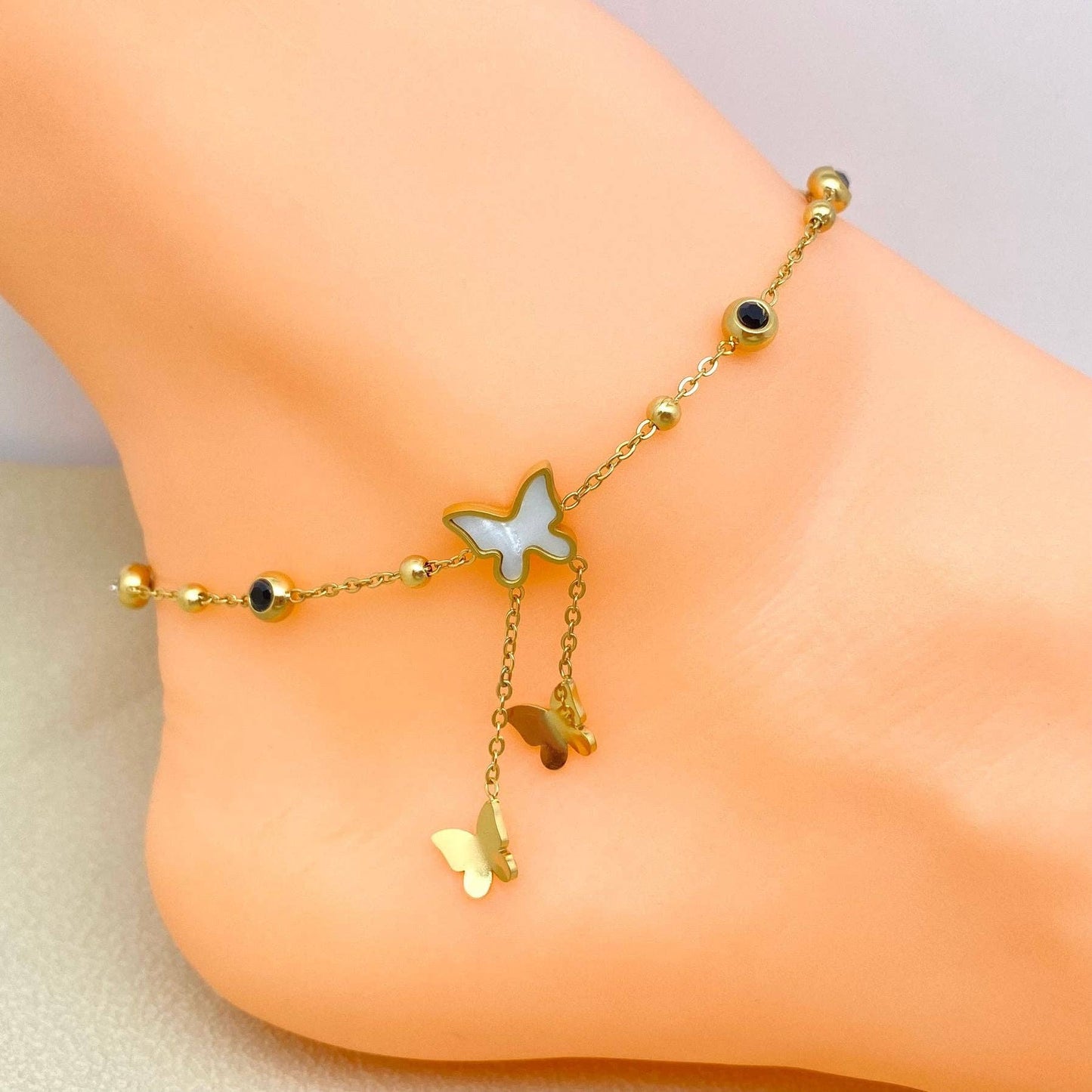 Inlaid Shell 18K Gold Plated Butterfly Anklet
