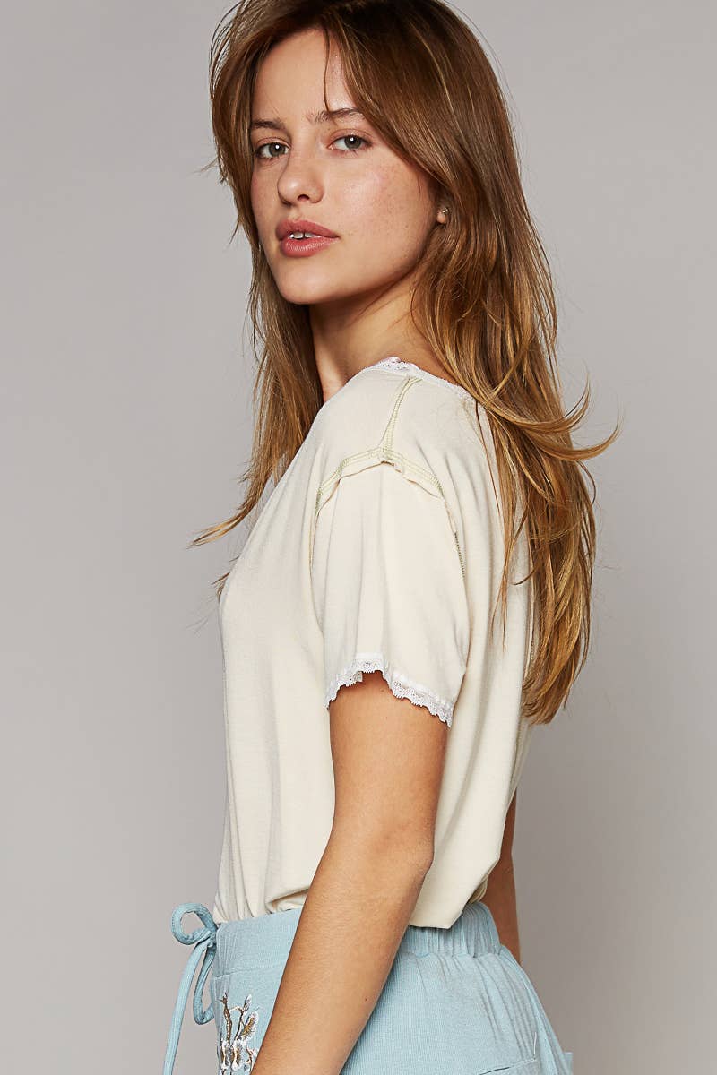 V-neck Lace Trim Short Sleeve Stitch Detail Top