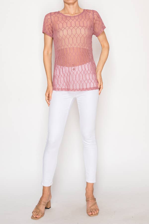 Sheer Lattice Mesh Short Sleeve Blouse