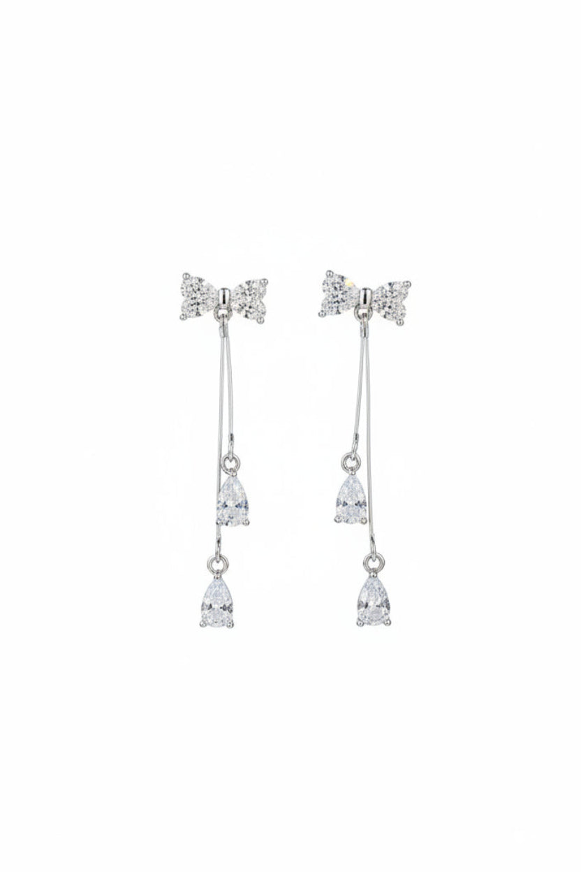 Silver Bow CZ Drop Earrings