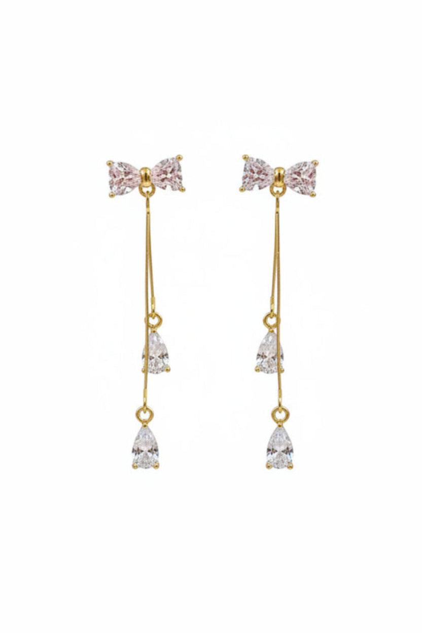 Golden Bow CZ Drop Earrings