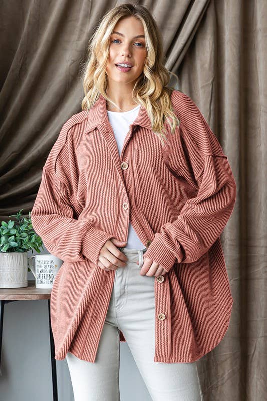 Urban Ribbed Button-Down Shacket with Collar