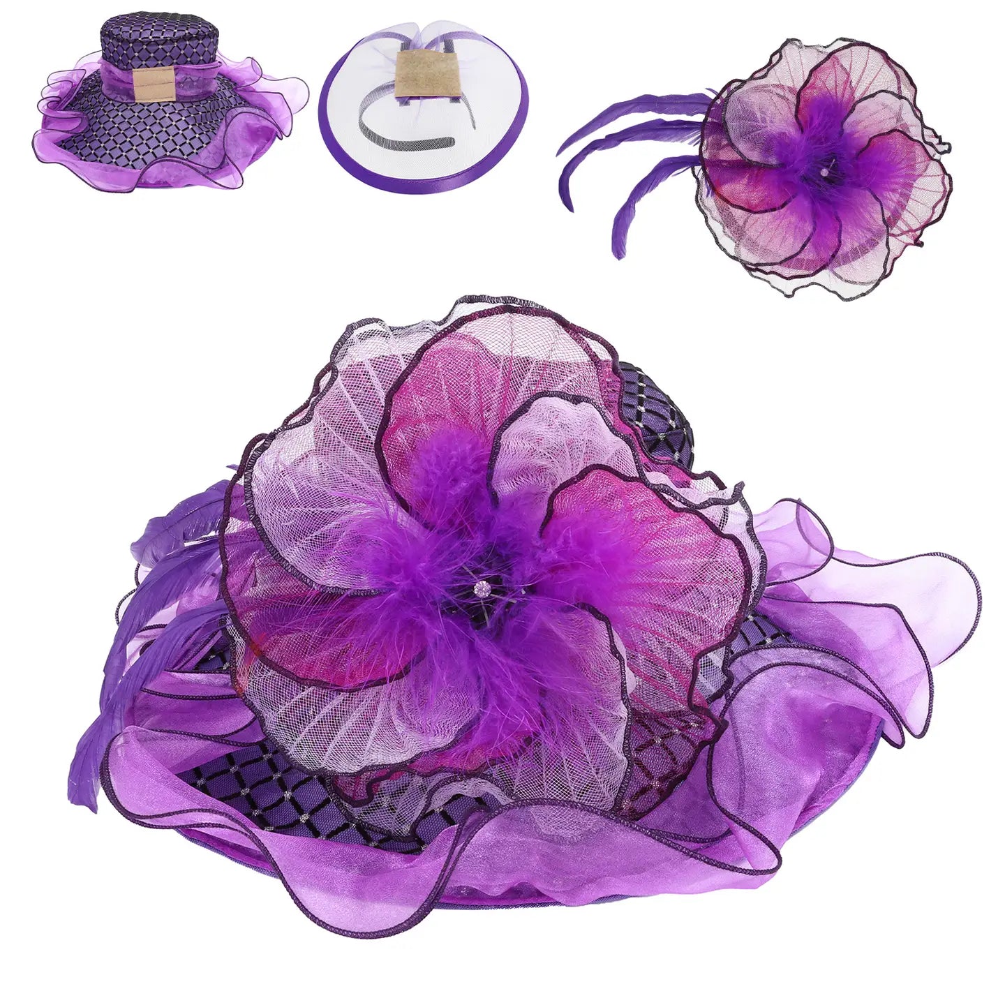 Floral Fantasy 2-in-1 Organza Fascinator Hat in Purple