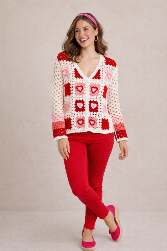 Heart Crochet Square Button Front Cardigan