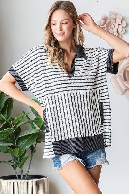 Jacquard Stripe Collar Top