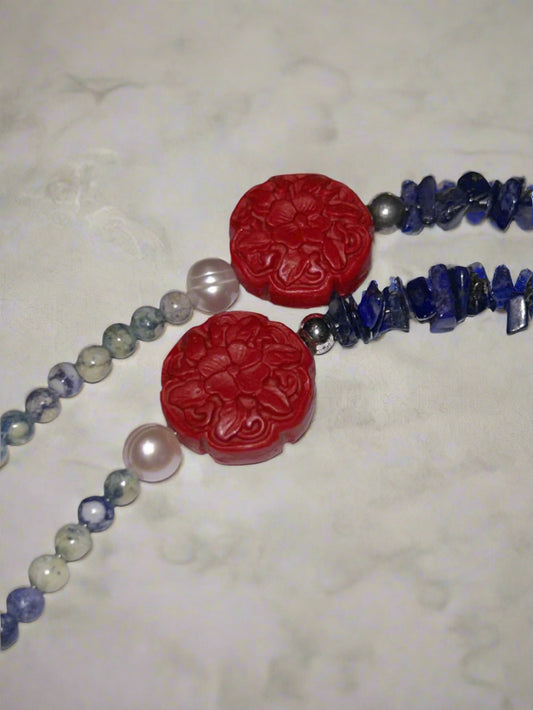 Beaded Blue & Tan Chip Red Cinnabar Necklace w/ Bracelet Set