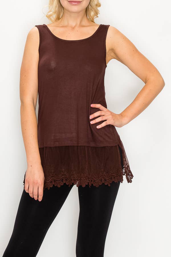 Soft Relaxed Tank With Delicate Floral Laced Hem