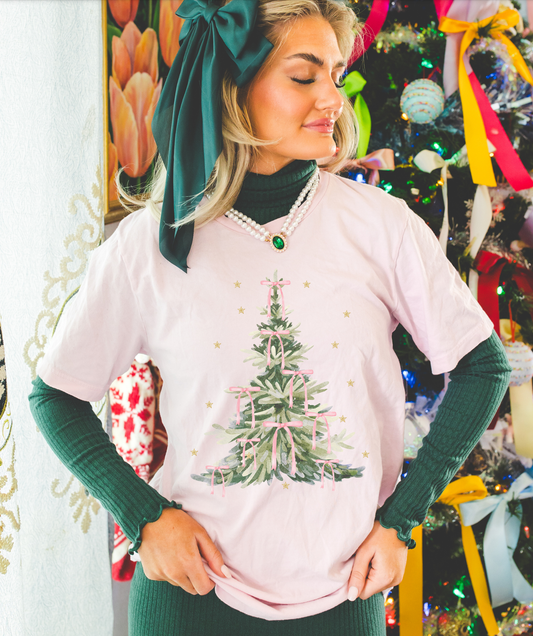 Christmas Tree Pink Bow Graphic Tee