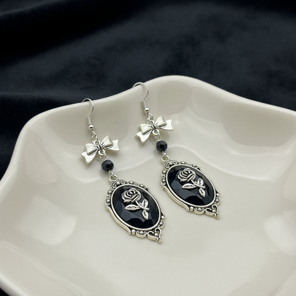 Gothic Style Rose & Bow Dangle Earrings