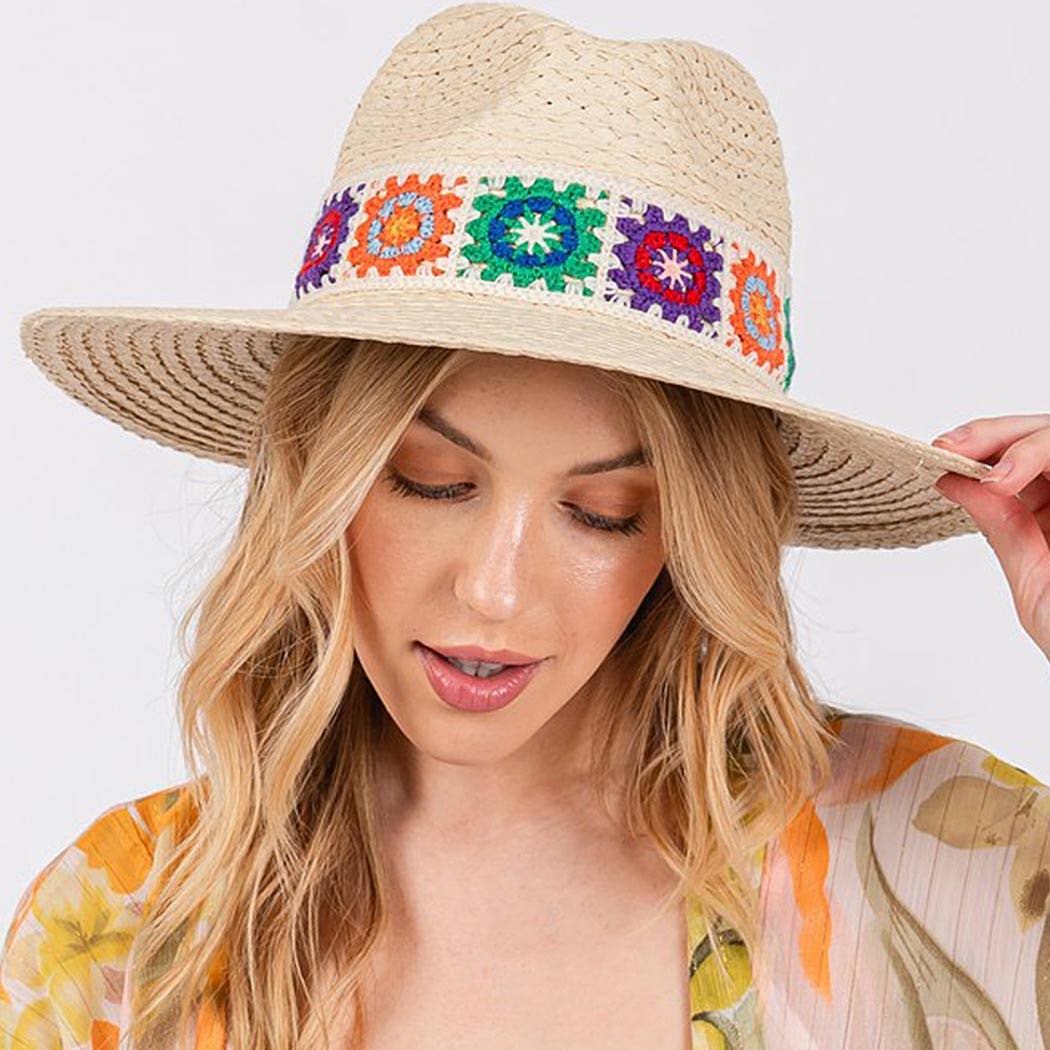 Floral Crochet Band Straw Hat