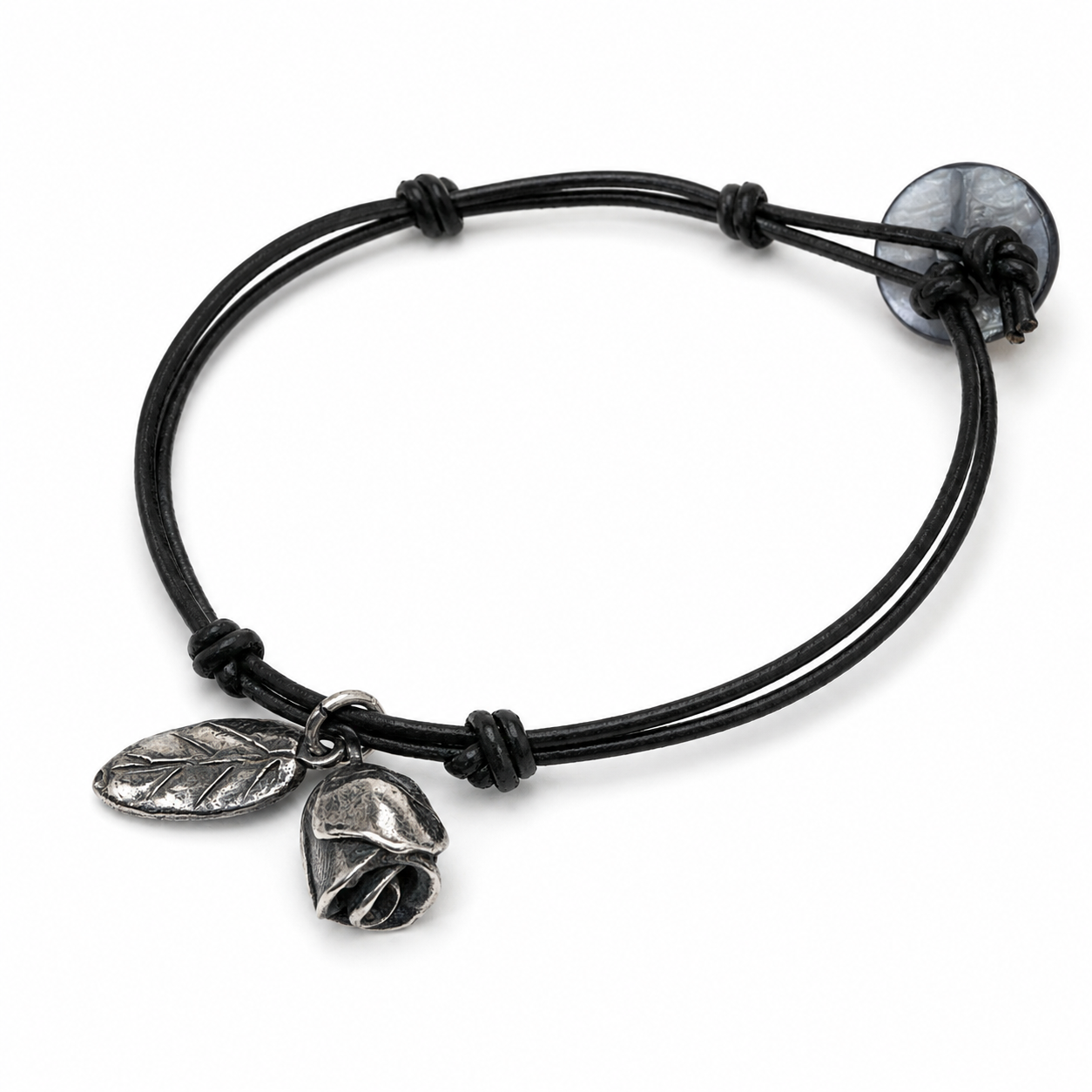 Oxidized Sterling Silver Rose Leather Bracelet