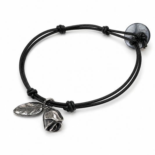 Oxidized Sterling Silver Rose Leather Bracelet