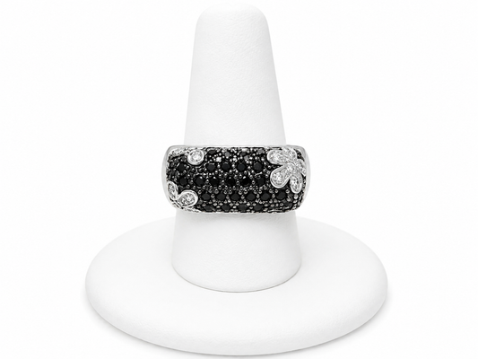 Sterling Silver Black Pavé Floral Statement Ring