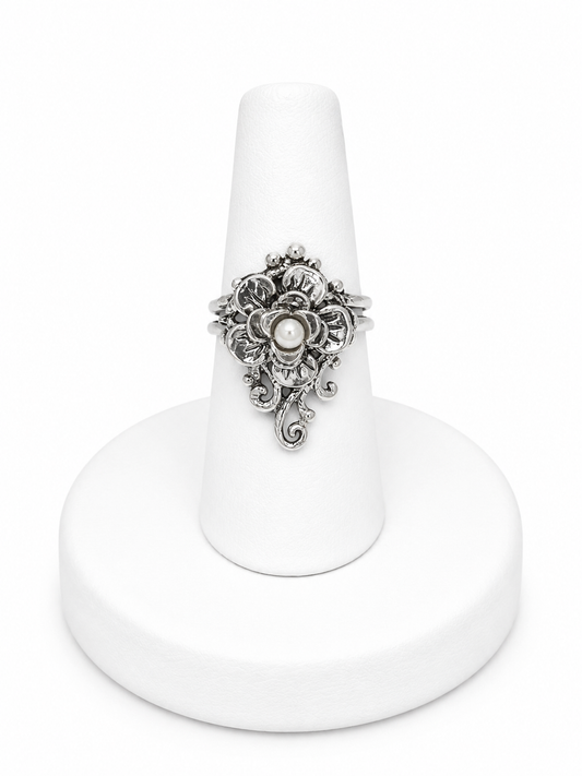 Sterling Silver Floral Pearl Ring