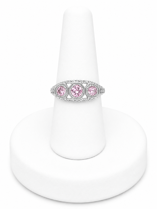 Sterling Silver Three-Stone Pink Ring