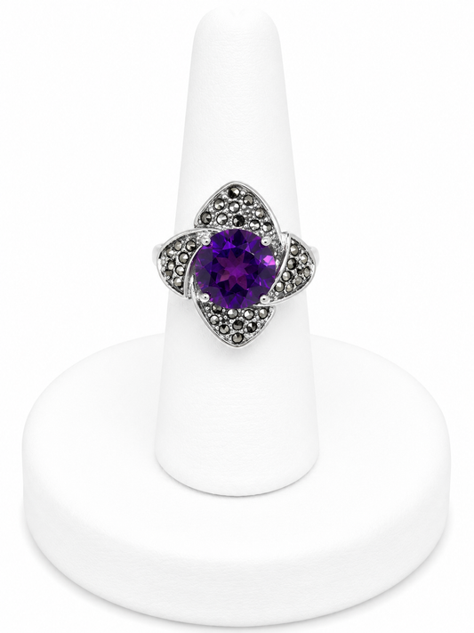 Sterling Silver Marcasite & Purple Gemstone Ring