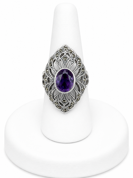 Sterling Silver Marcasite & Purple Gemstone Filigree Ring