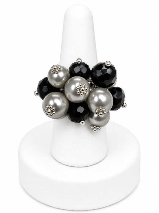 Grey Pearl & Black Beaded Stretch Ring