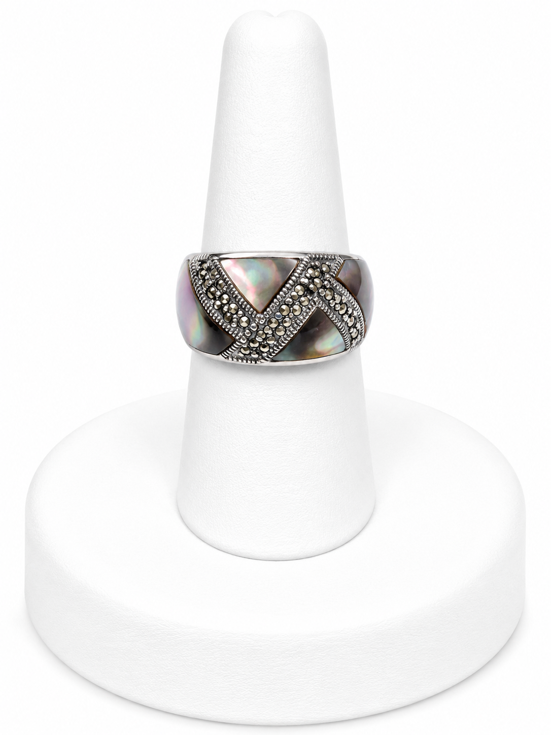 Sterling Silver Mother-of-Pearl & Marcasite Crisscross Ring