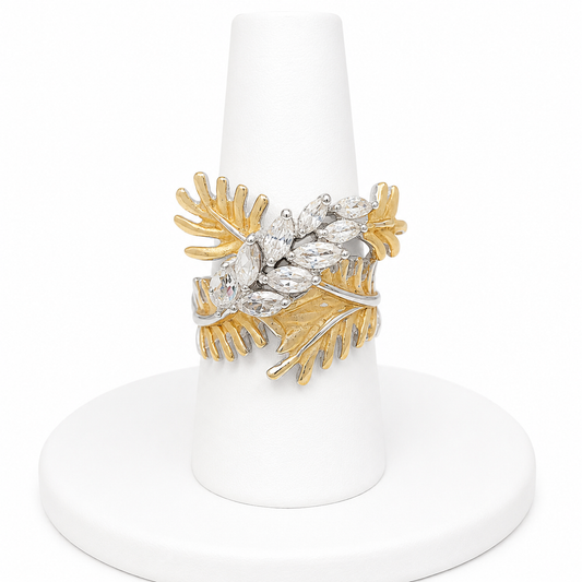 Sterling Silver Gold Leaf & Marquise CZ Statement Ring