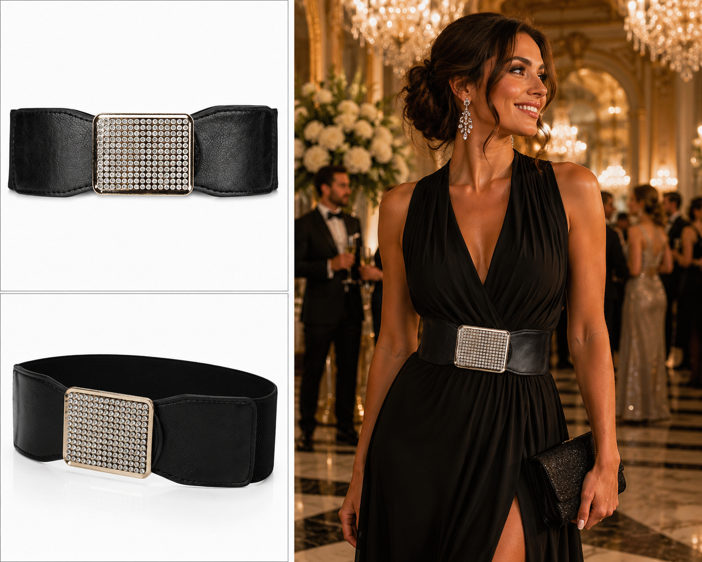 Black Rhinestone Buckle Stretch Fashion Belt