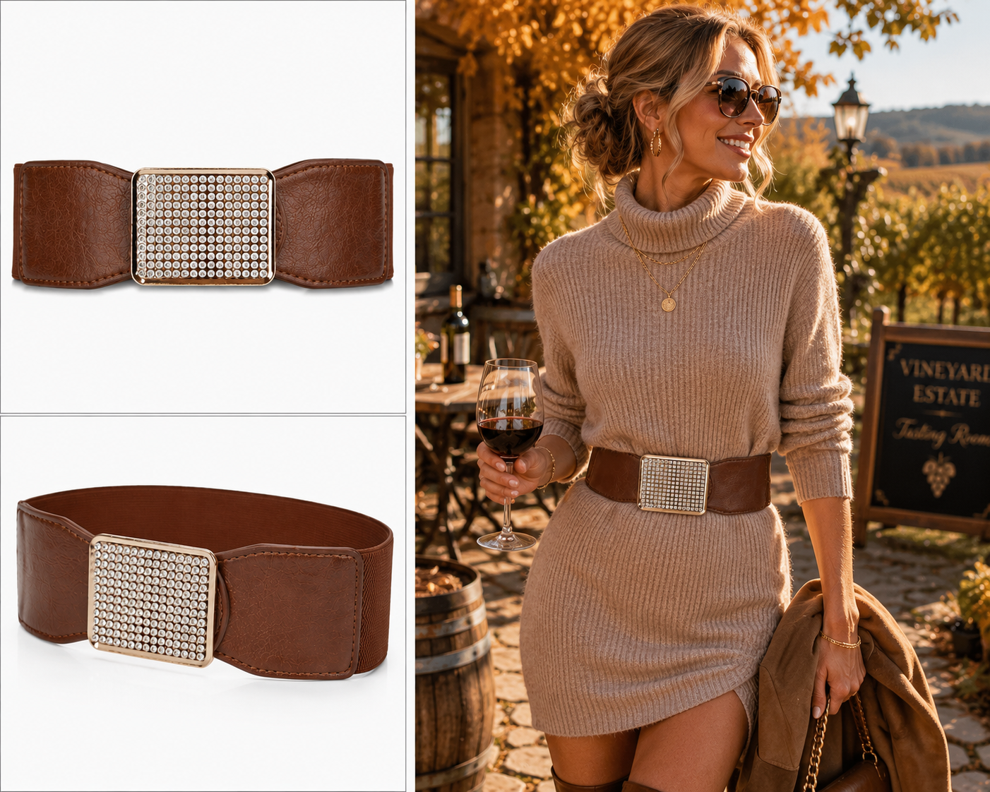 Brown Rhinestone Buckle Stretch Fashion Belt