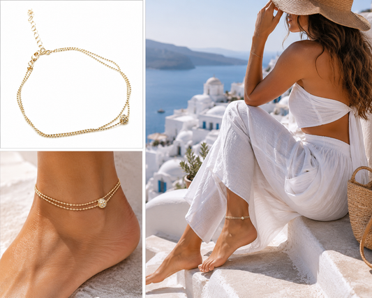 Gold Double Chain Crystal Bead Anklet