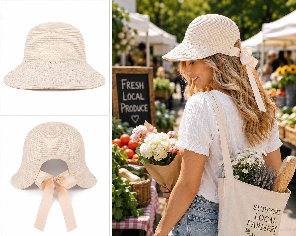 Beige Back Bow Ribbon Straw Sun Hat